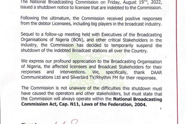 NATIONAL BROADCASTING COMMISSION SUSPENDS STATIONS SHUTDOWN
