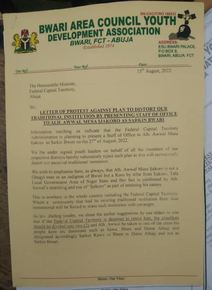 BREWING TENSION IN BWARI AREA COUNCIL OF FCT OVER THE IMPOSITION OF A NON INDIGEN AS EMIR OF BWARI CHIEFDOM BY THE FCT MINISTER