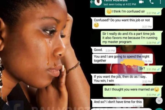 HEARTBROKEN NIGERIAN LADY SHARES CHAT SHE HAD WITH A MAN WHO REQUESTED FOR SEX BEFORE GIVING HER A JOB