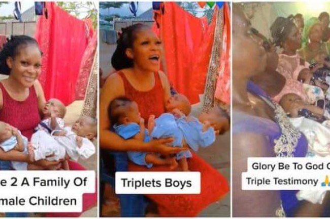 “GLORY BE TO GOD OF TRIPLE TESTIMONY” – NIGERIAN LADY WHO MARRIED IN FAMILY OF MANY GIRLS WELCOMES 3 BOYS AT ONCE 