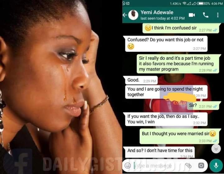 HEARTBROKEN NIGERIAN LADY SHARES CHAT SHE HAD WITH A MAN WHO REQUESTED FOR SEX BEFORE GIVING HER A JOB