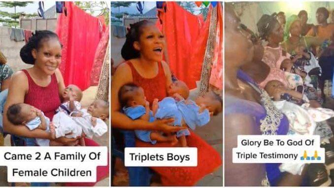 “GLORY BE TO GOD OF TRIPLE TESTIMONY” – NIGERIAN LADY WHO MARRIED IN FAMILY OF MANY GIRLS WELCOMES 3 BOYS AT ONCE 