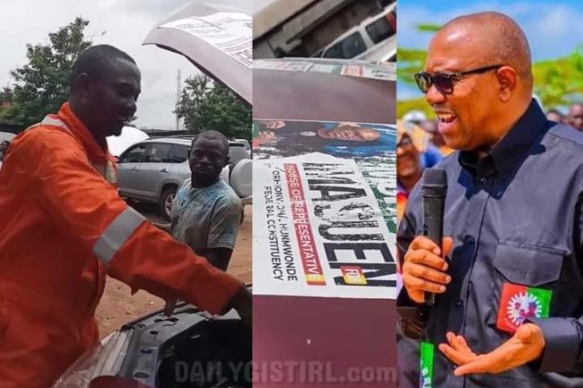 MECHANIC IN EDO REJECTS MONEY FROM A LADY AFTER SEEING PETER OBI'S STICKER ON THE CAR HE FIXED