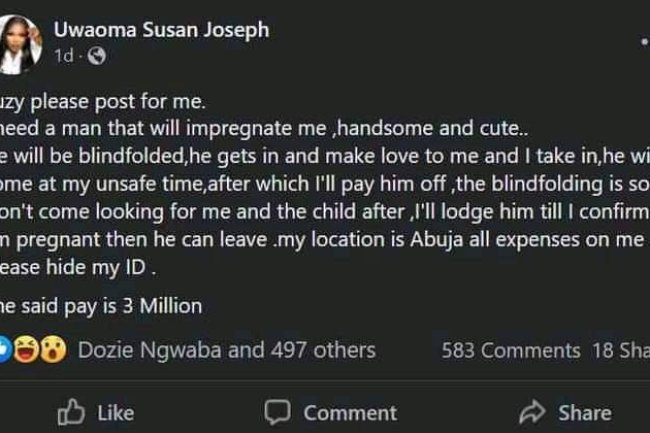 HE WILL BE BLINDFOLDED - RICH ABUJA WOMAN SEARCHES FOR MAN WHO WILL IMPREGNATE HER, OFFERS N3M