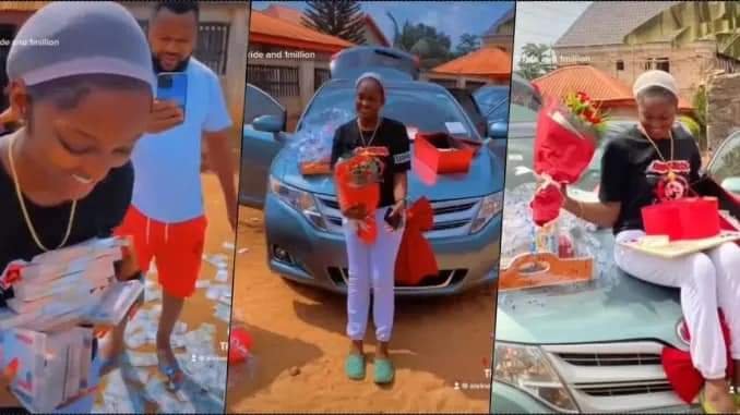 "WHERE UNA DEY SEE THIS KINE BOYFRIEND?" – NIGERIANS REACTS AS BOYFRIEND GIFTS HER GIRLFRIEND N1M CASH AND NEW CAR