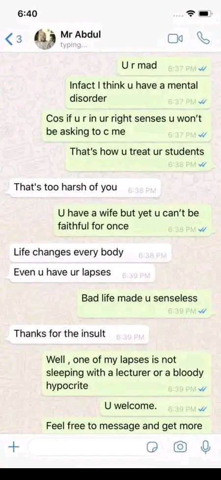 UNIVERSITY STUDENT SHARES WHATSAPP CHAT WITH LECTURER WHO WANTED TO SEX HER