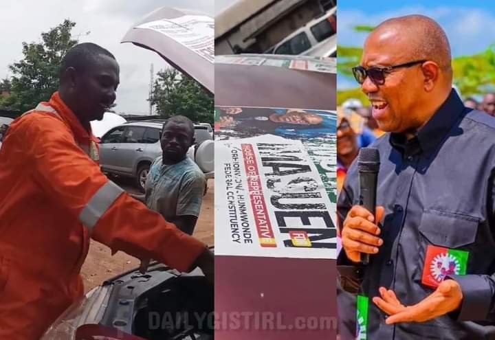 MECHANIC IN EDO REJECTS MONEY FROM A LADY AFTER SEEING PETER OBI'S STICKER ON THE CAR HE FIXED