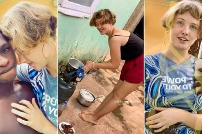 “YOUR JUJU STRONG” – NIGERIAN MAN SHOWS OFF OYINBO GIRLFRIEND COOKING FOR HIM IN GHETTO