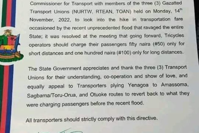 TRICYCLE OPERATORS IN BAYELSA TOLD TO REDUCE FAIR RATE AS GOVERNMENT MEETS WITH TRANSPORT UNION