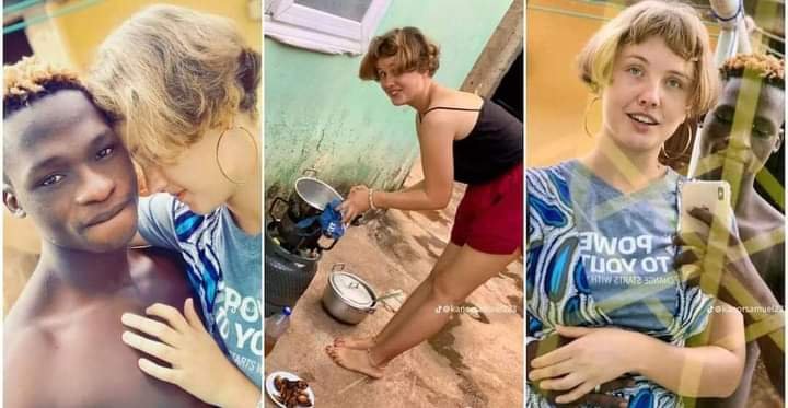 “YOUR JUJU STRONG” – NIGERIAN MAN SHOWS OFF OYINBO GIRLFRIEND COOKING FOR HIM IN GHETTO