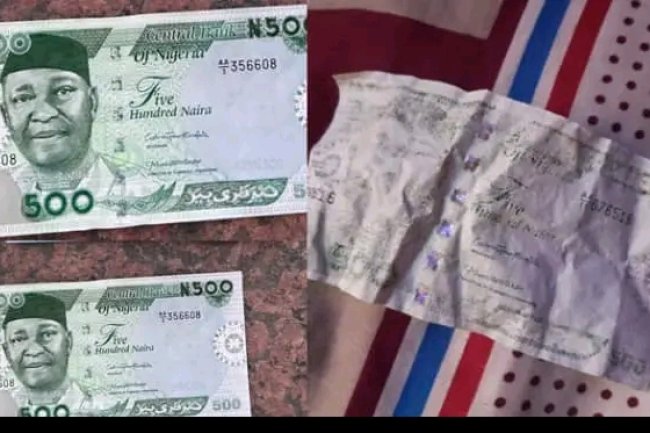 NIGERIAN LADY SHOWS NEW NAIRA NOTE WHICH FADED AFTER UNKNOWINGLY BEING WASHED IN CLOTHES