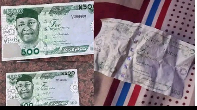 NIGERIAN LADY SHOWS NEW NAIRA NOTE WHICH FADED AFTER UNKNOWINGLY BEING WASHED IN CLOTHES