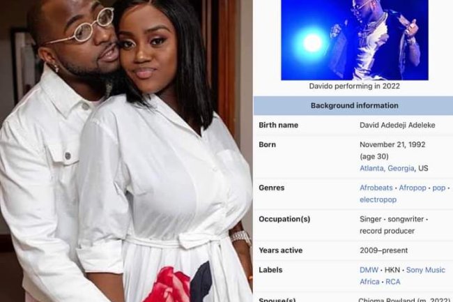 CHIOMA AND DAVIDO'S MARRIAGE NO LONGER A SPECULATION AS DAVIDO UPDATES HIS MARITAL STATUS ON WIKIPEDIA