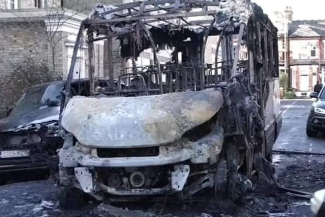 LONDON SCHOOL BUS WITH CHILDREN BURSTS INTO FLAMES