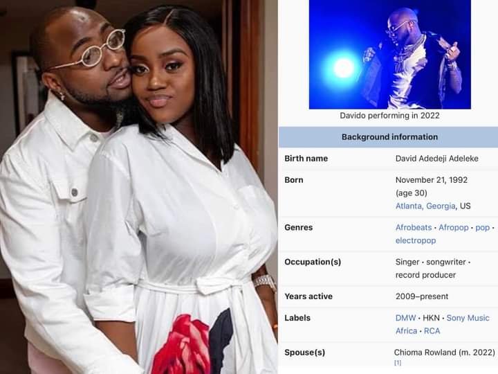 CHIOMA AND DAVIDO'S MARRIAGE NO LONGER A SPECULATION AS DAVIDO UPDATES HIS MARITAL STATUS ON WIKIPEDIA