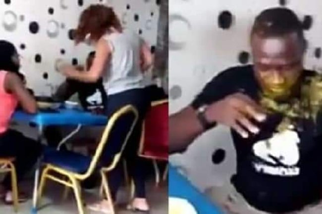 NIGERIAN WOMAN POURS HOT SOUP ON HER HUSBAND AFTER SHE CAUGHT HIM ON A DATE WITH HIS SIDE-CHIC ON VALENTINE