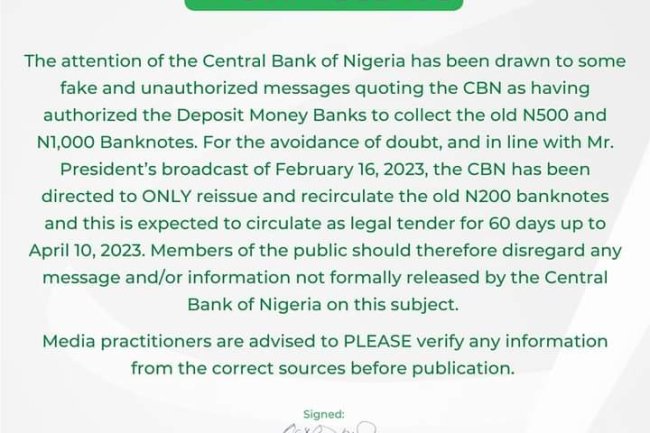 NAIRA SCARCITY: CBN DEBUNKS REPORTS INSTRUCTING DMBs TO COLLECT N500, N1000 NOTES