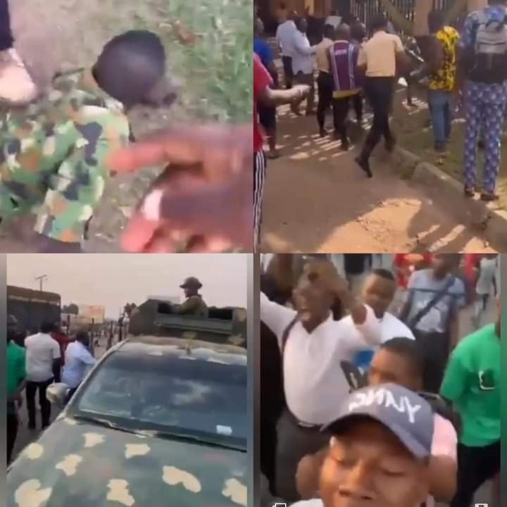 PHOTOS: NAIRA SCARCITY: SOLDIERS CLASH WITH UNIBEN STUDENTS OVER CASH WITHDRAWAL 