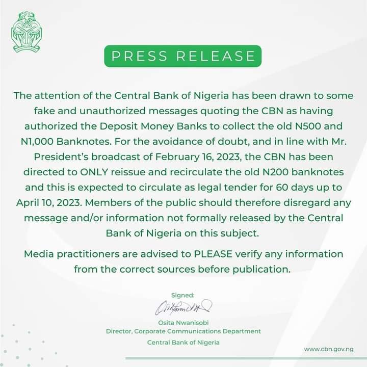 NAIRA SCARCITY: CBN DEBUNKS REPORTS INSTRUCTING DMBs TO COLLECT N500, N1000 NOTES