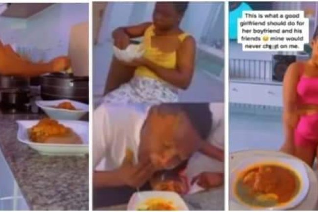 "MUMU GIRL" - NIGERIANS MOCK LADY WHO KNEELS TO SERVE HER BOYFRIEND & FRIENDS FOOD 