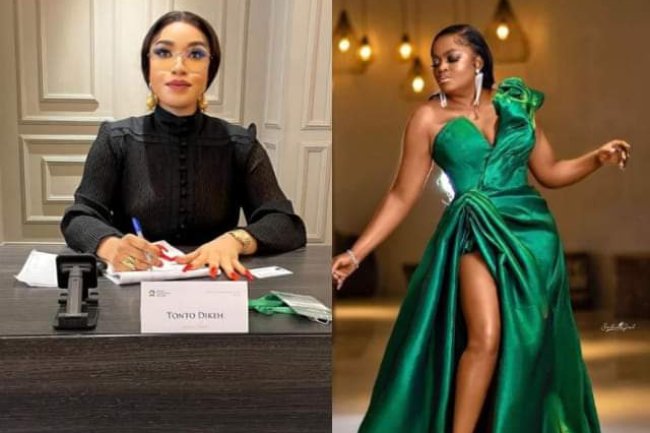 TONTO DIKEH GIVES FUNKE AKINDELE FLOWERS AS SHE REFLETS HER ELECTORAL STRUGGLES 