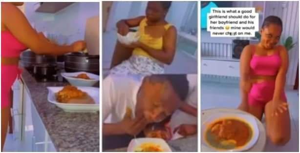 "MUMU GIRL" - NIGERIANS MOCK LADY WHO KNEELS TO SERVE HER BOYFRIEND & FRIENDS FOOD 