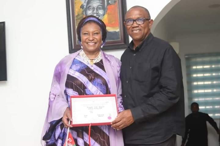 SENATOR IRETI KINGIBE PRESENTS HER CERTIFICATE OF RETURN TO PETER OBI