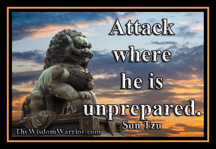 ATTACK WHERE HE IS UNPREPARED; SALLY OUT WHEN HE DOES NOT EXPECT YOU. SUN TZU