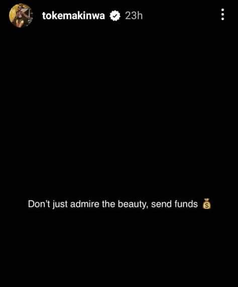 “DON’T JUST ADMIRE THE BEAUTY, SEND FUNDS” – TOKE MAKINWA 