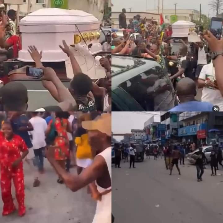 ABIA LABOUR PARTY SUPPORTERS DISPLAY CASKET TO “BURY PDP” AFTER OTTI’S VICTORY IN GOVERNORSHIP ELECTION