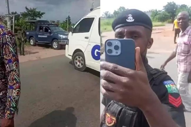 NIGERIAN BUS DRIVER BLOCKS ROAD AFTER POLICEMAN TEARS HIS PASSENGER’S BAG, REFUSES TO PAY FOR THE DAMAGE 