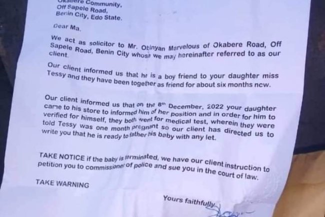TRENDING PHOTO OF LETTER A NIGERIAN MAN SENT TO THE MOTHER OF HIS PREGNANT GIRLFRIEND WARNING HER AGAINST TERMINATING HER PREGNANCY 