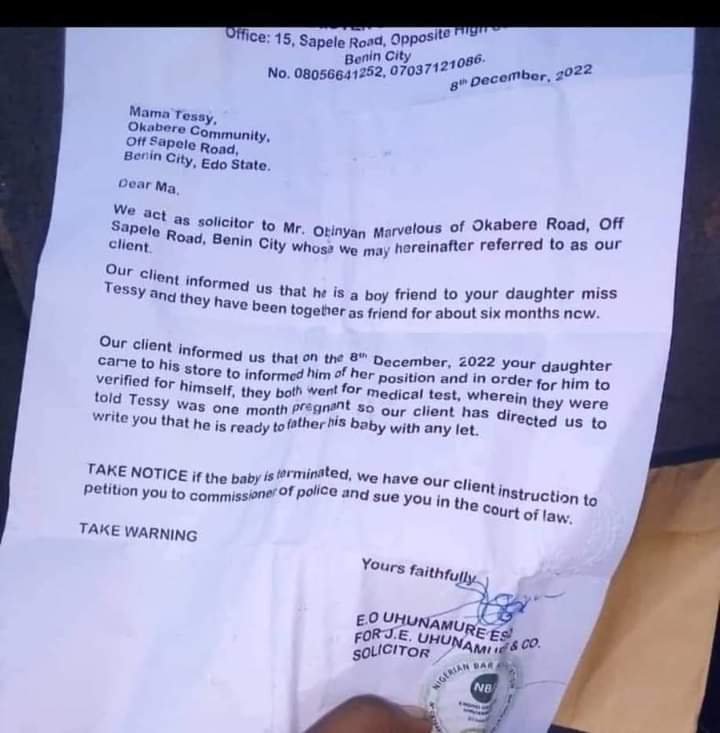 TRENDING PHOTO OF LETTER A NIGERIAN MAN SENT TO THE MOTHER OF HIS PREGNANT GIRLFRIEND WARNING HER AGAINST TERMINATING HER PREGNANCY 