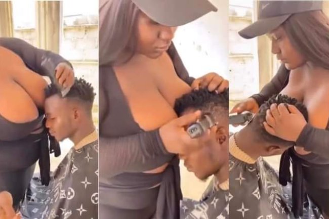 FEMALE BARBER GIVES CUSTOMER A SPECIAL TREAT BY LETTING HIM FEEL HER BREAST