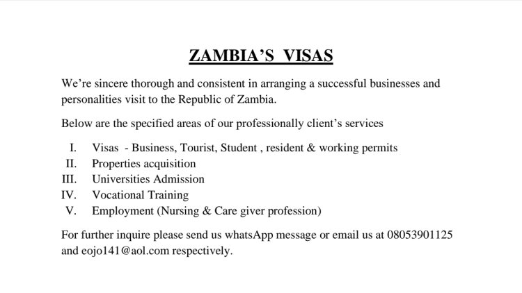 ZAMBIA’S VISAS: VISITING THE REPUBLIC OF ZAMBIA AS A NIGERIAN, SHOULDN'T BE A BURDEN AND PROBLEM FOR YOU ANYMORE!