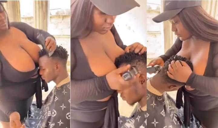 FEMALE BARBER GIVES CUSTOMER A SPECIAL TREAT BY LETTING HIM FEEL HER BREAST