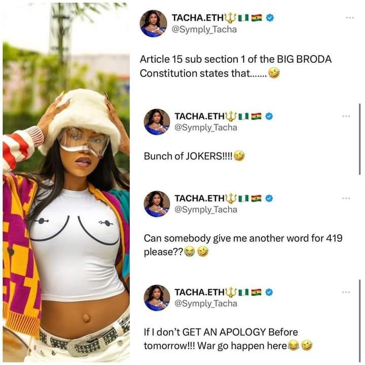 WAR WILL HAPPEN IF I don’t GET AN APOLOGY - TACHA SAYS AS SHE ACCUSES #BBNAIJA ORGANISERS OF DECEIT “419”
