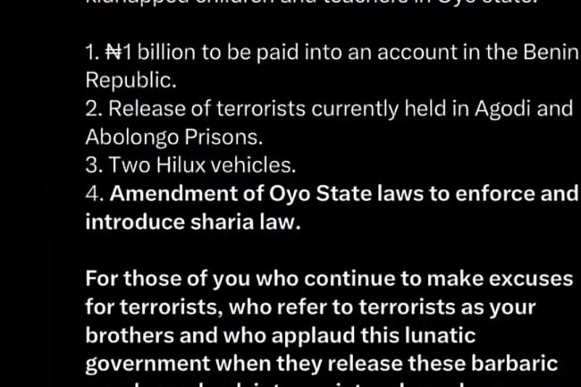 “They are using FEAR and TERRORISM to ISLAMIZE Nigeria” — Didi-Omah Responded After Seeing Image Of Bandits Demands Over Oyo Kidnaping Case