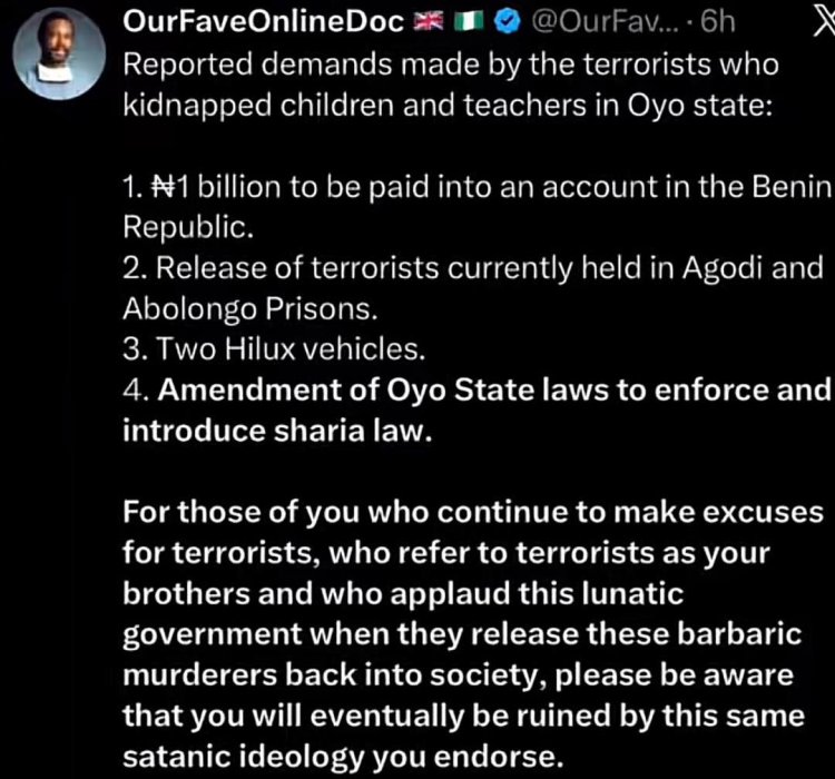 “They are using FEAR and TERRORISM to ISLAMIZE Nigeria” — Didi-Omah Responded After Seeing Image Of Bandits Demands Over Oyo Kidnaping Case